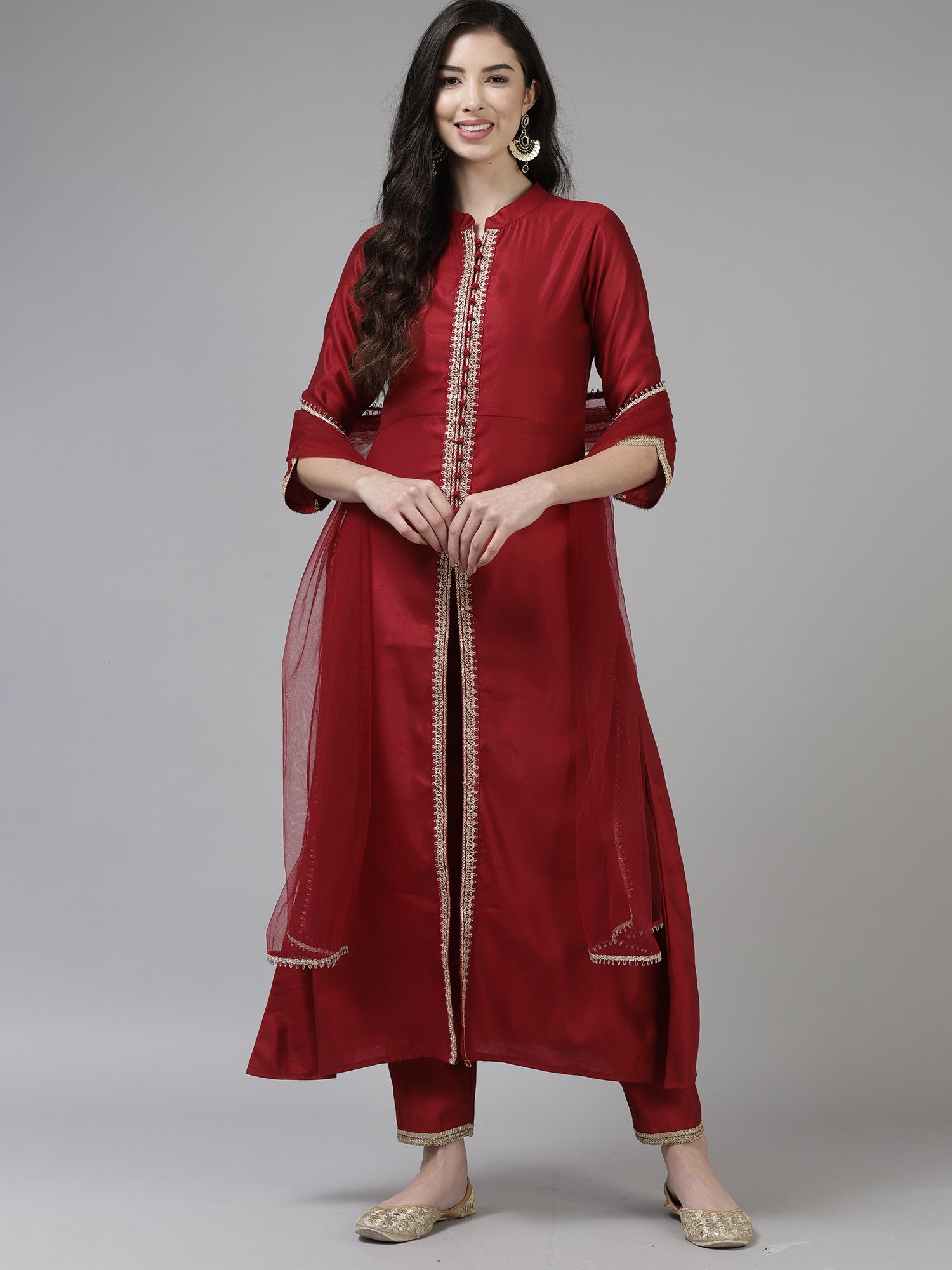 Indo Era Red Embroidered Straight Kurta Trouser With Dupatta Set
