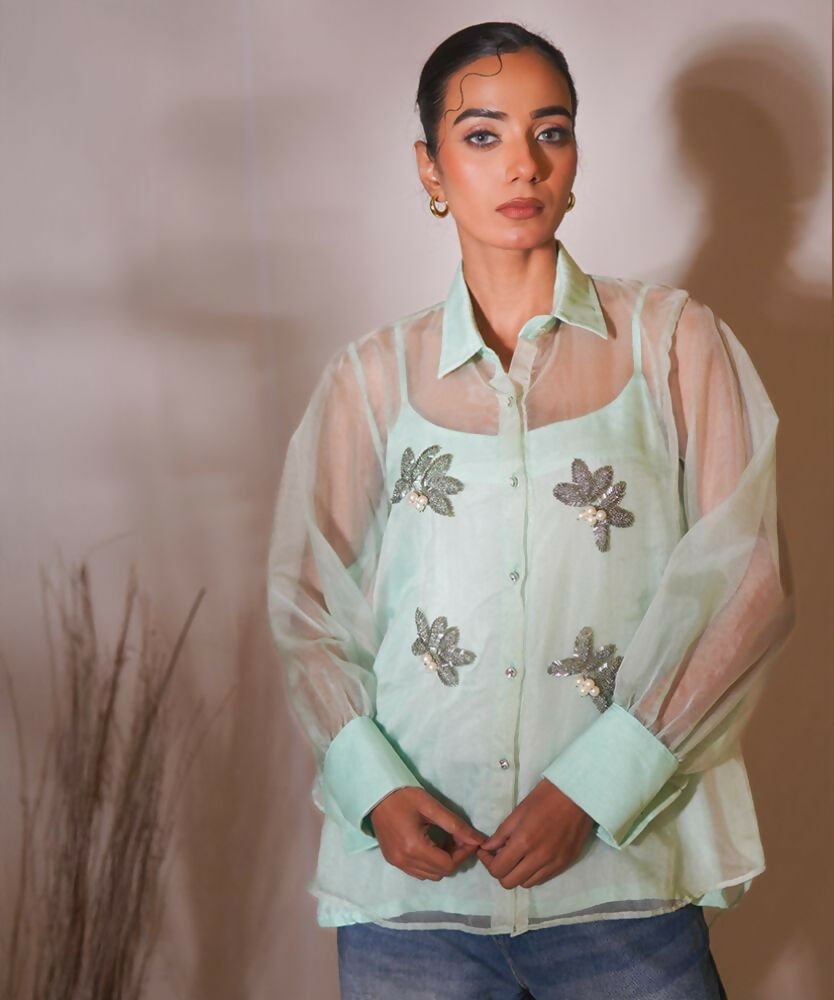 Timaraa Mint Whisper Hand-Embellished Organza Shirt  Grab2Buy Timaraa Grab2Buy