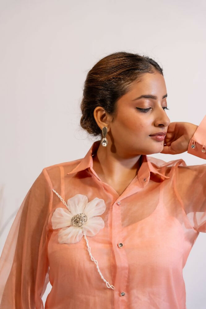 Timaraa Peach Coral Organza Shirt With Hand Embellished 3D Floral Motift  Grab2Buy Timaraa Grab2Buy