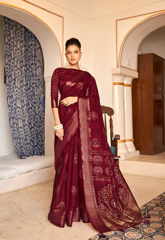 Maroon Patta Poly Cotton Floral Printed Saree With Unstitched Blouse Piece - Shades