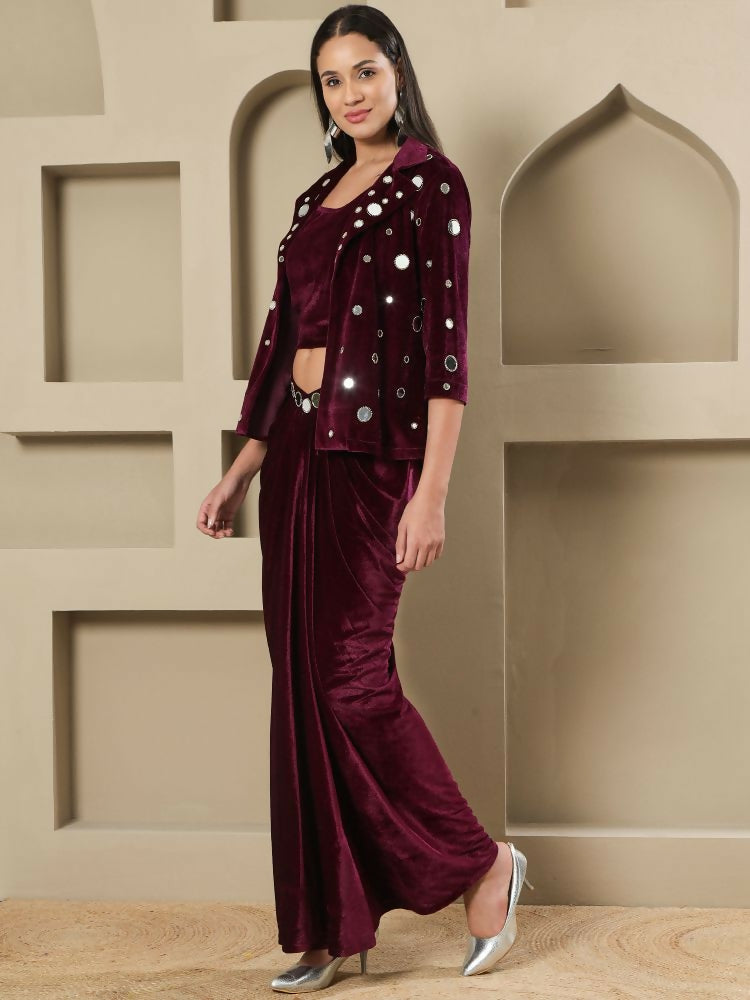 Joban Fashion Women Wine Velvet Hand Embellishment Stitched Dress