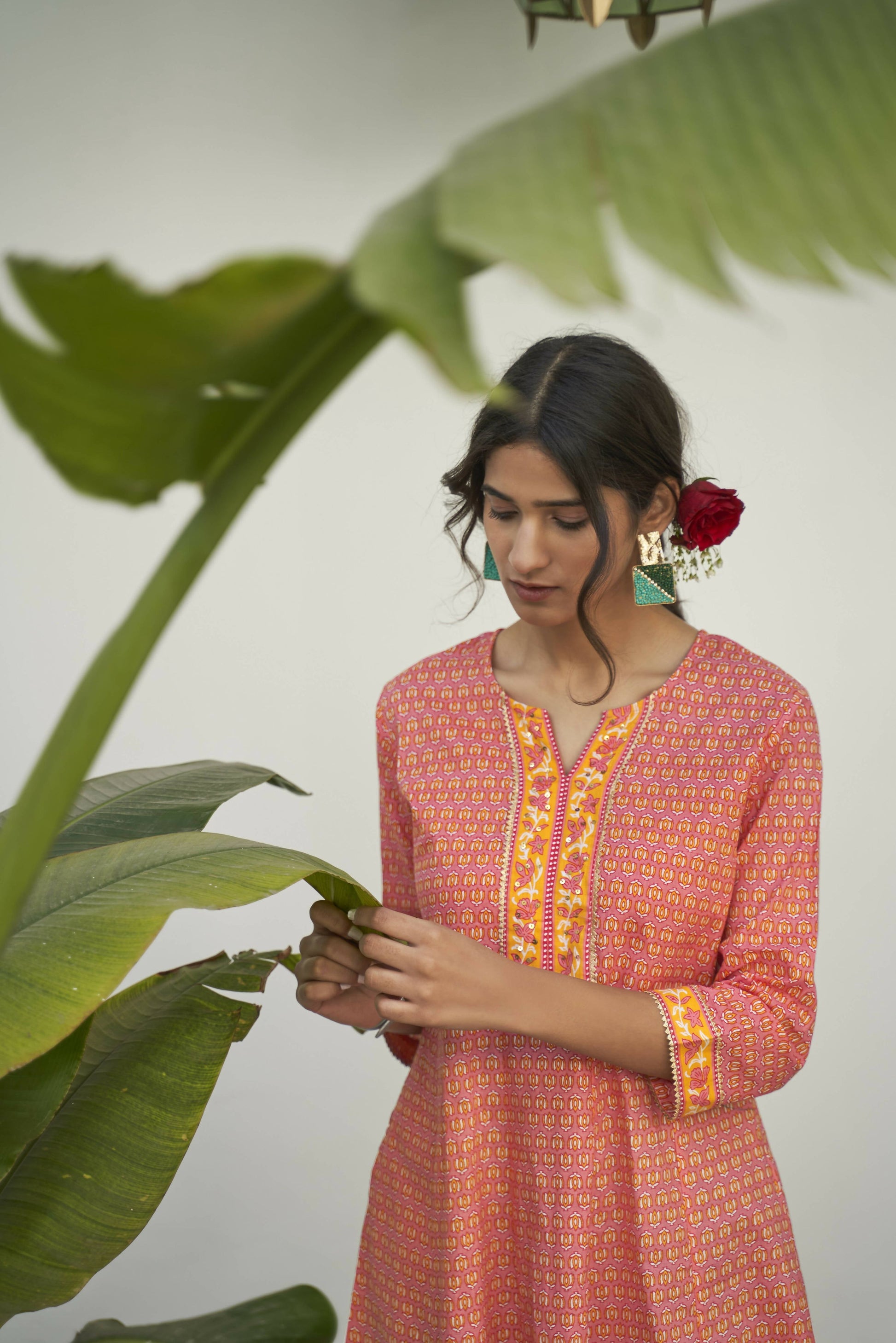 Peach Cotton Floral Printed A line Kurta - Prasuti
