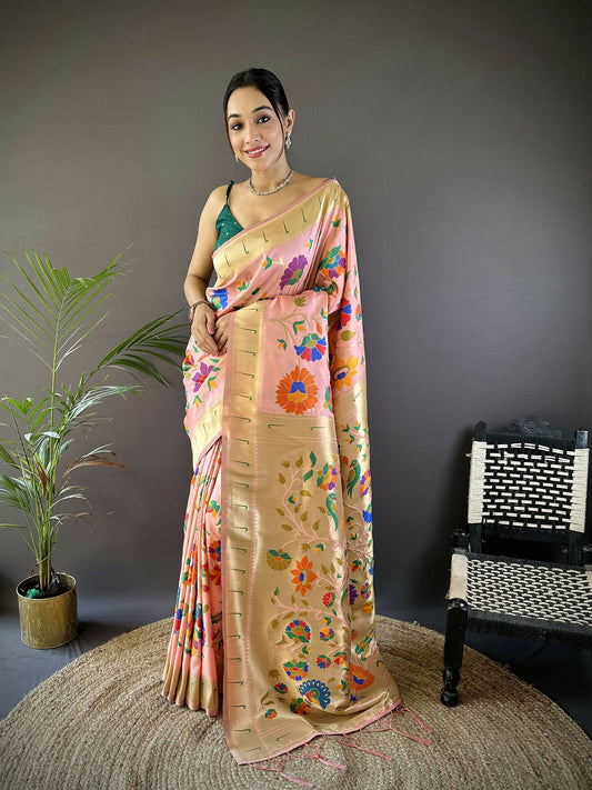 Joban Fashion Peach Zari Woven Floral Motifs Soft Silk Paithani Silk Saree