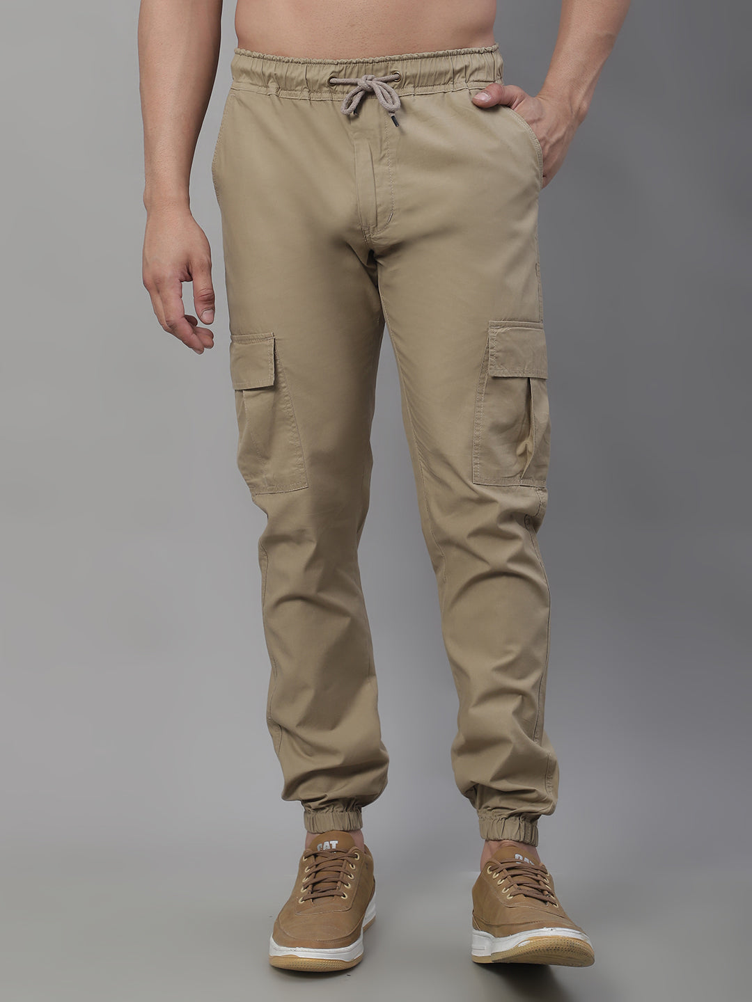 Jainish Men's Casual Cotton Solid Cargo Pants - Beige 