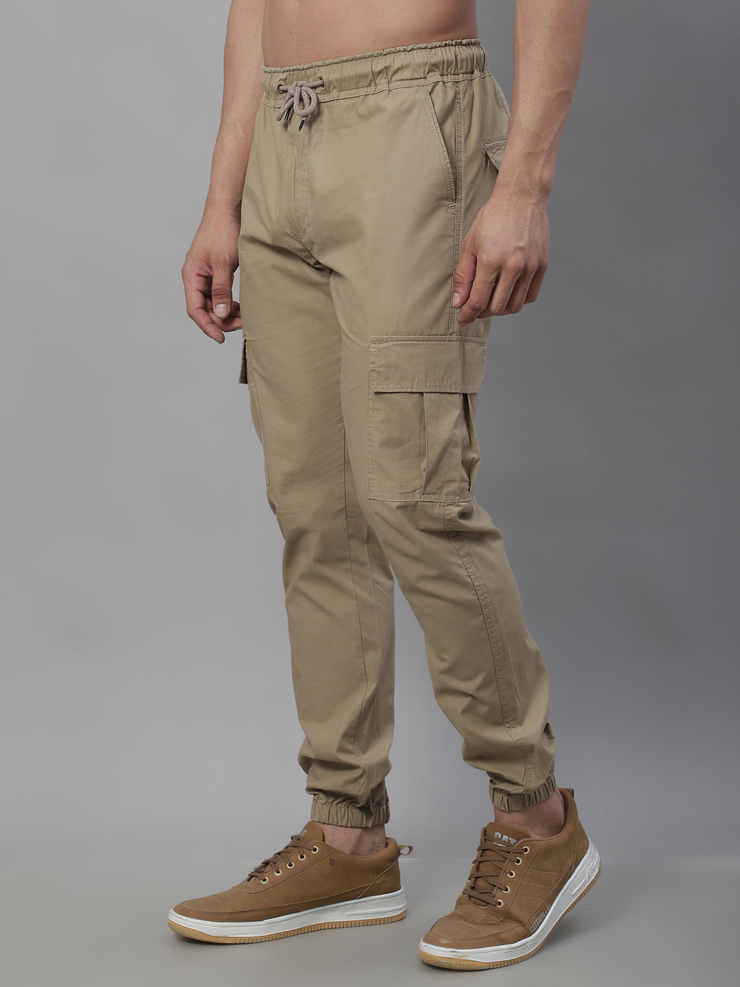 Jainish Men's Casual Cotton Solid Cargo Pants - Beige 
