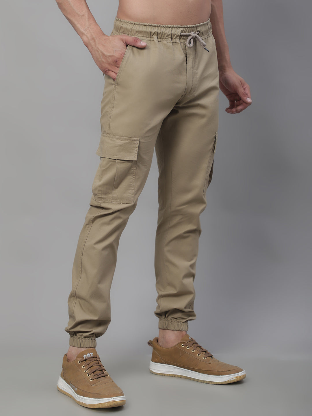 Jainish Men's Casual Cotton Solid Cargo Pants - Beige 