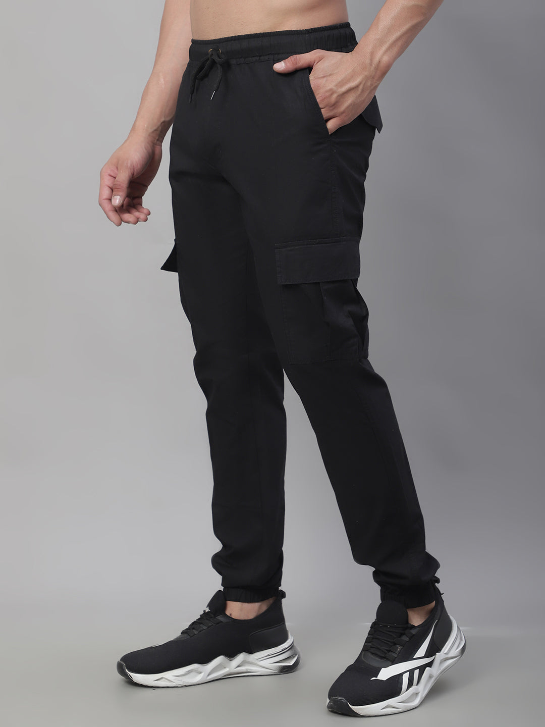 Jainish Men's Casual Cotton Solid Cargo Pants - Black 