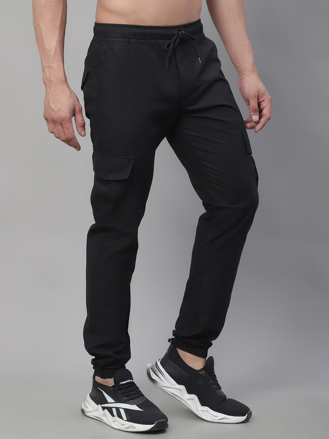 Jainish Men's Casual Cotton Solid Cargo Pants - Black 