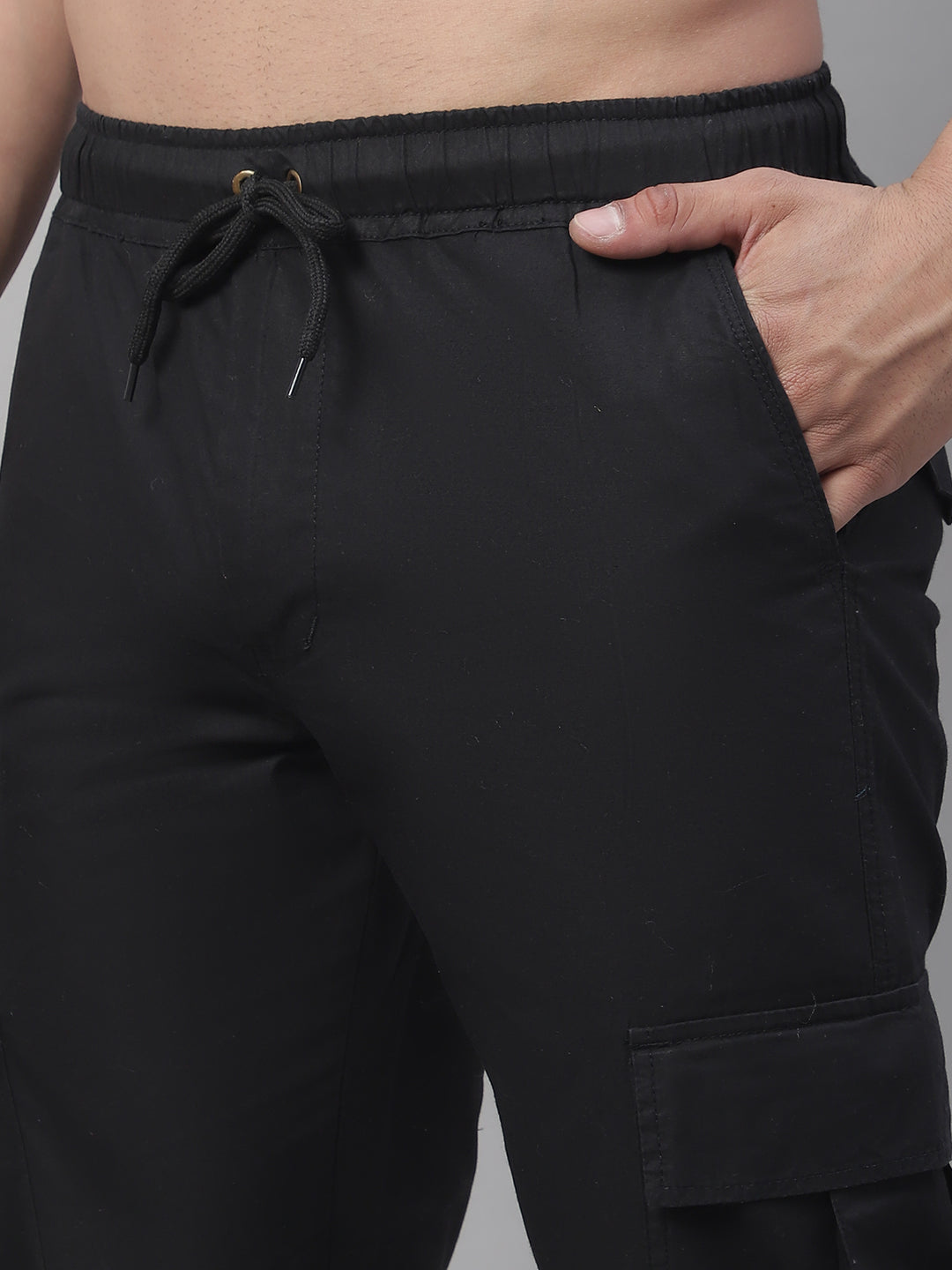 Jainish Men's Casual Cotton Solid Cargo Pants - Black 