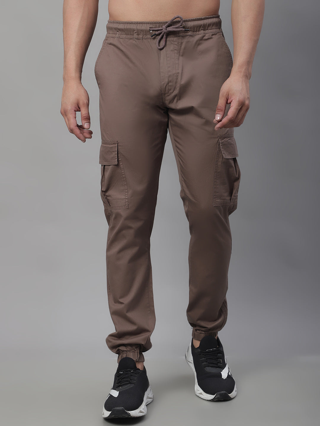 Jainish Men's Casual Cotton Solid Cargo Pants - Brown 
