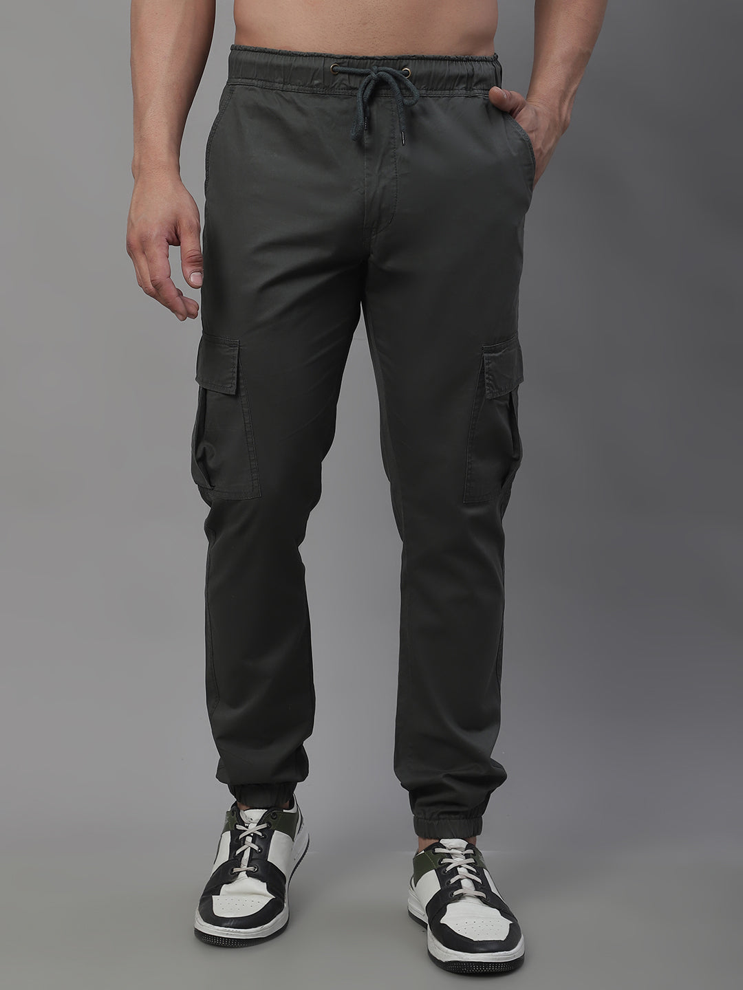 Jainish Men's Casual Cotton Solid Cargo Pants - Grey 