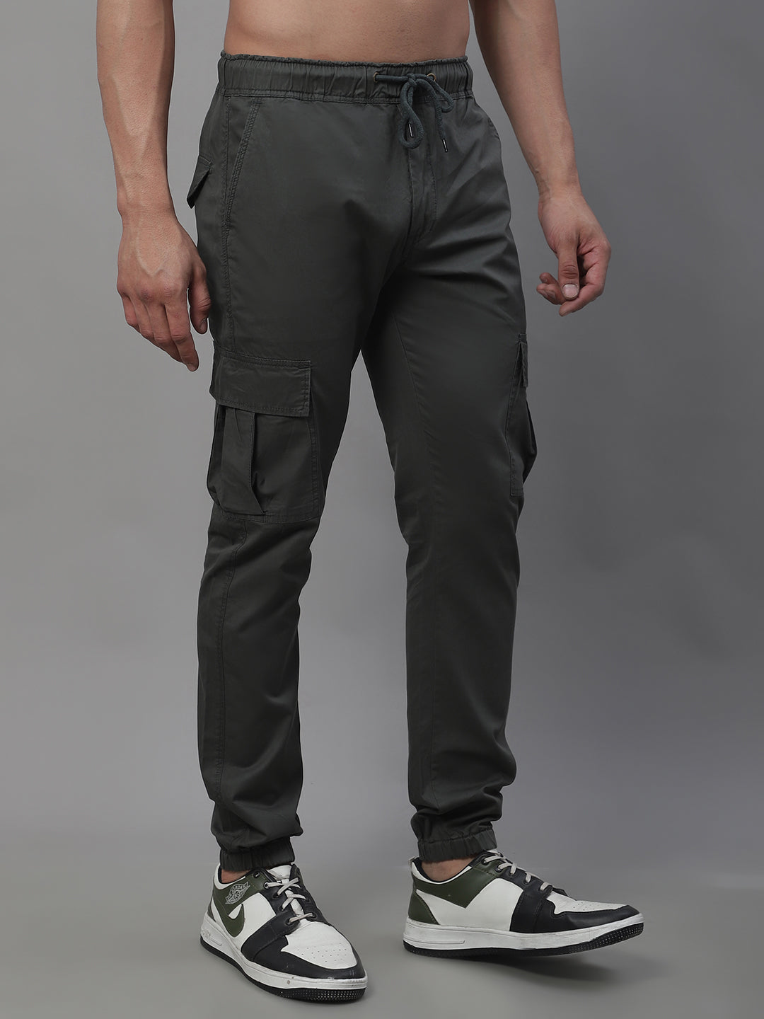 Jainish Men's Casual Cotton Solid Cargo Pants - Grey 