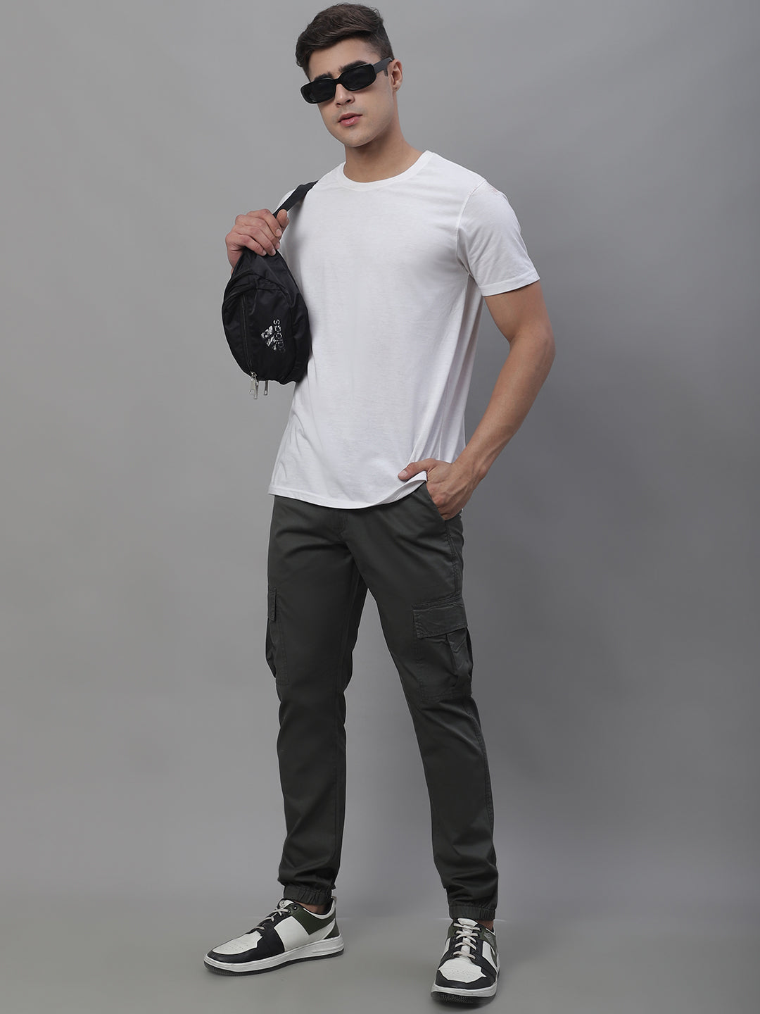 Jainish Men's Casual Cotton Solid Cargo Pants - Grey 