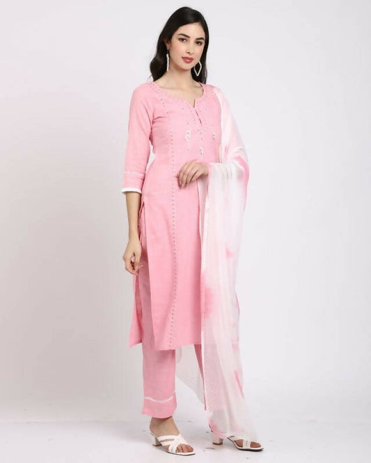 Aastha Fashion Women's Pink Cotton Embroidered Kurta with Trouser & Dupatta - Grab2buy