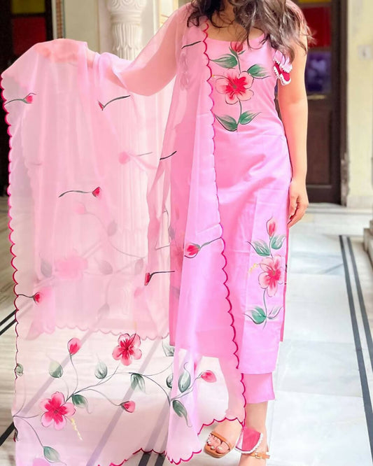 The52 Pink Women's Gorgeous Printed Viscose Fabric Straight Kurta Pant with Dupatta Set | Grab2Buy