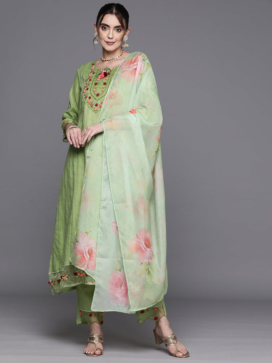 Women Green Embroidered A-Line Kurta Trousers With Dupatta Set - Taantav | Grab2Buy