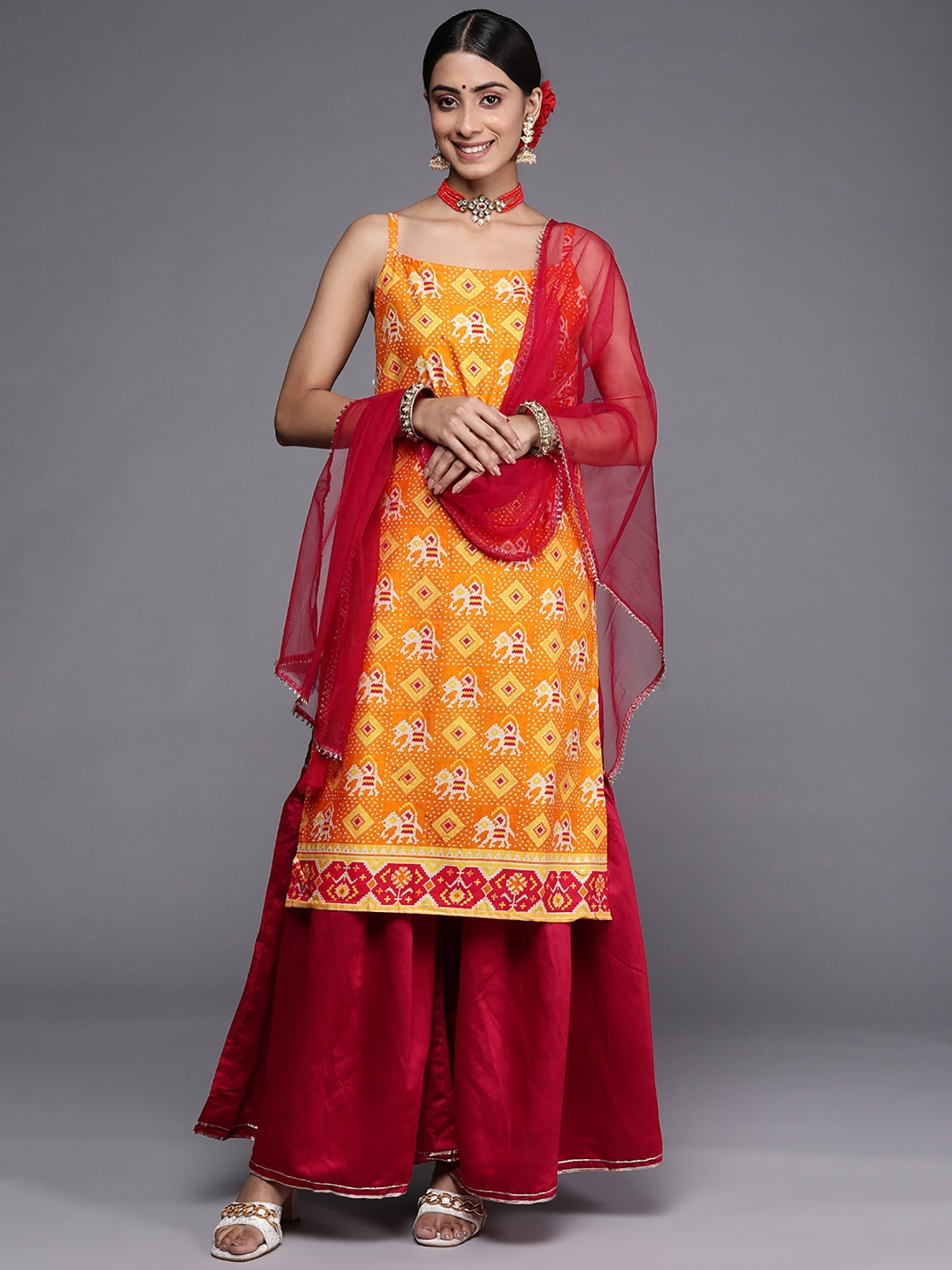 Women Orange Printed Straight Kurta Sharara With Dupatta Set - Taantav | Grab2Buy