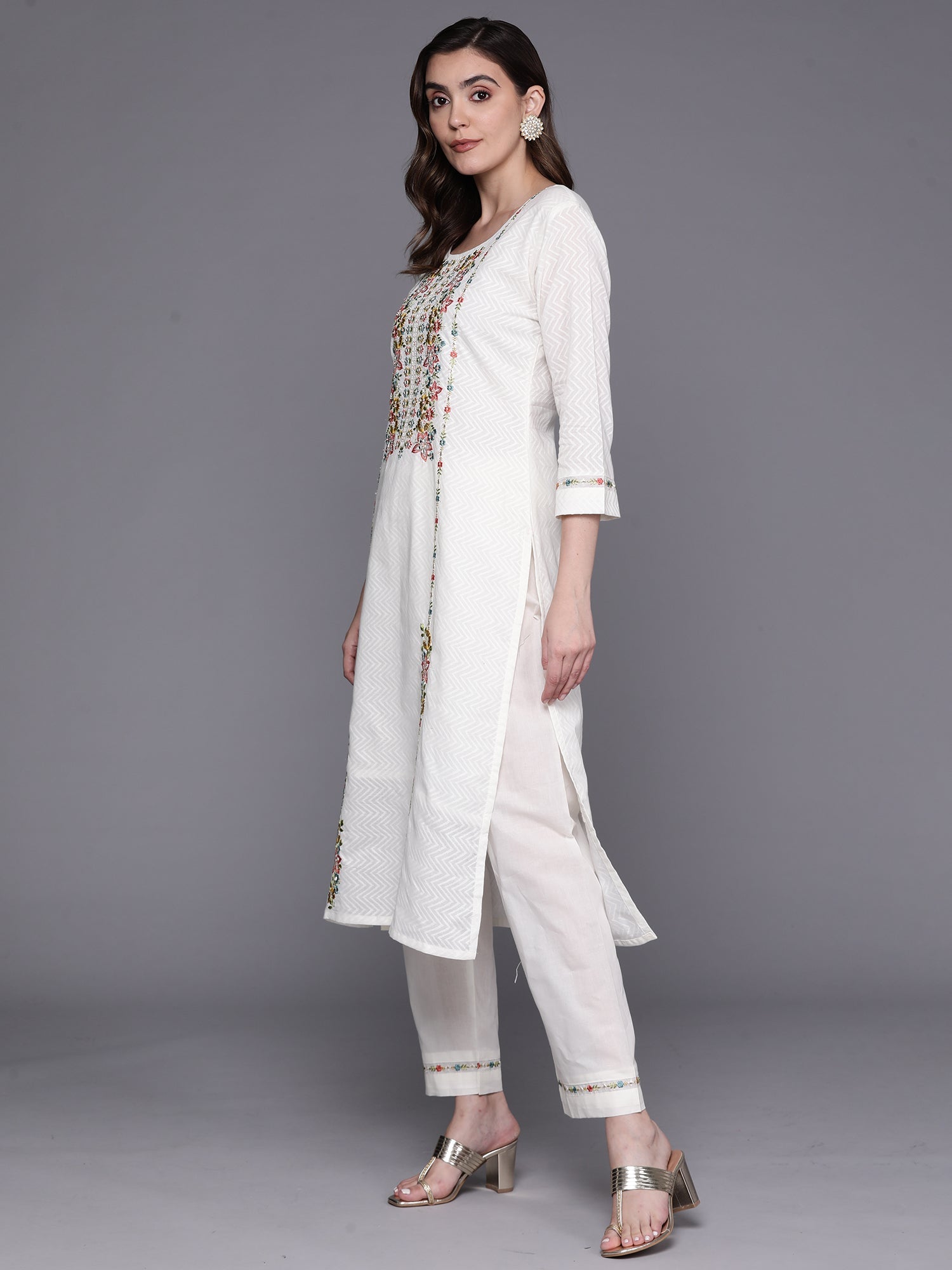 Indo Era White Embroidered Straight Kurta Trousers With Dupatta Set