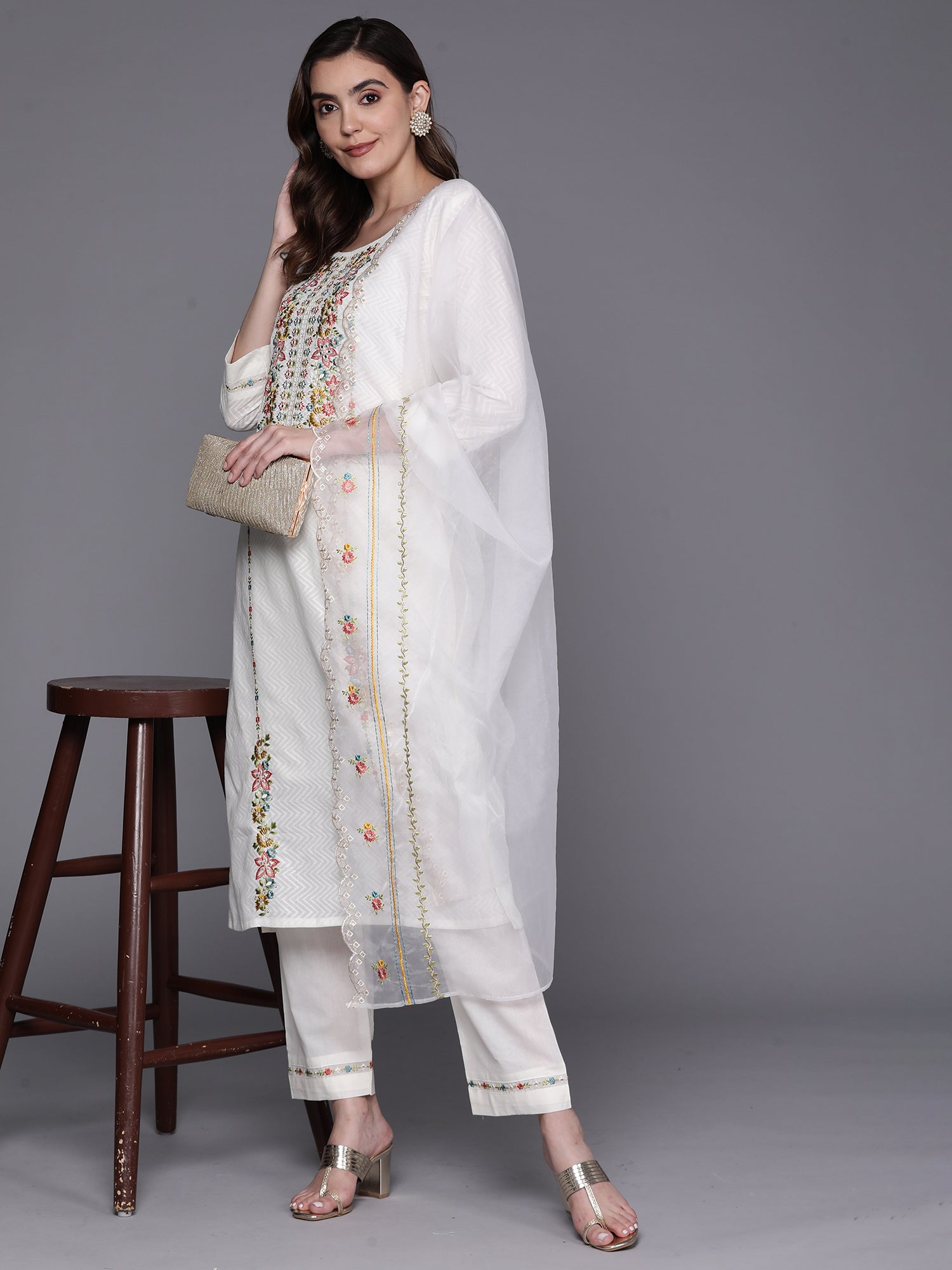 Indo Era White Embroidered Straight Kurta Trousers With Dupatta Set