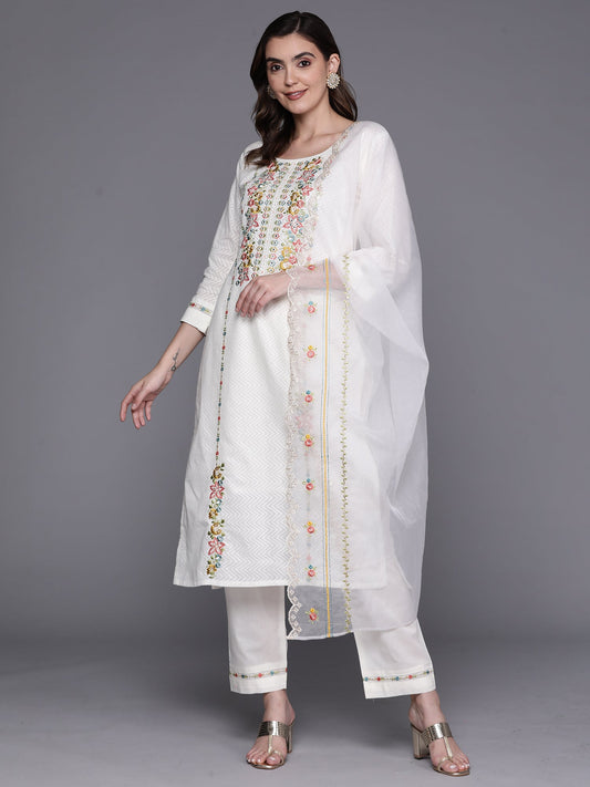 Indo Era White Embroidered Straight Kurta Trousers With Dupatta Set
