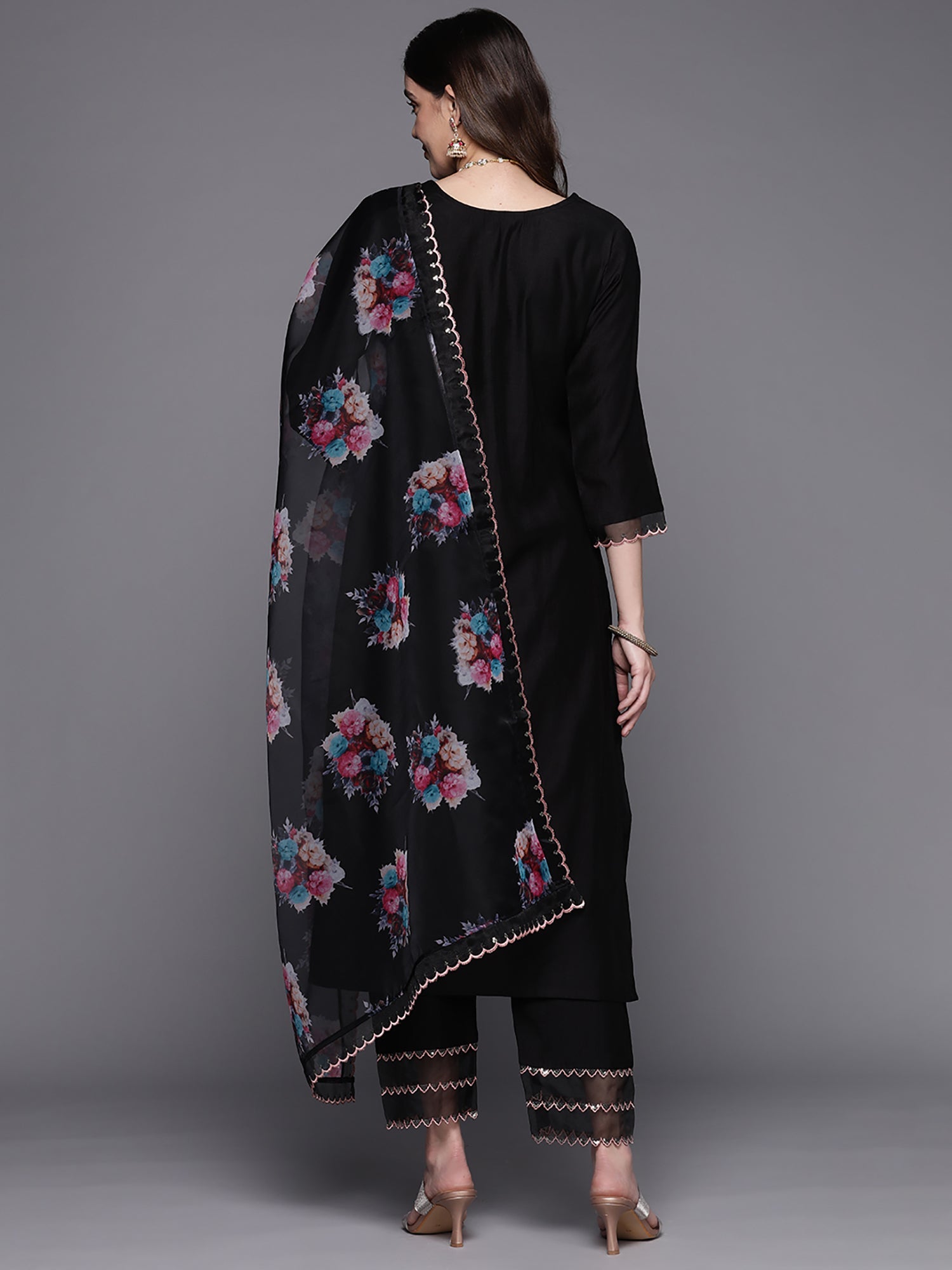 Indo Era Black Embroidered Straight Kurta Trousers With Dupatta Set
