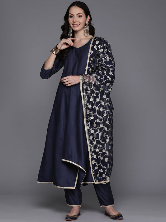 Women Navy Blue Solid A-Line Kurta Trousers With Dupatta Set - Taantav