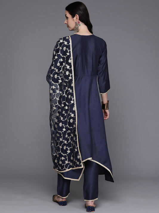 Women Navy Blue Solid A-Line Kurta Trousers With Dupatta Set - Taantav