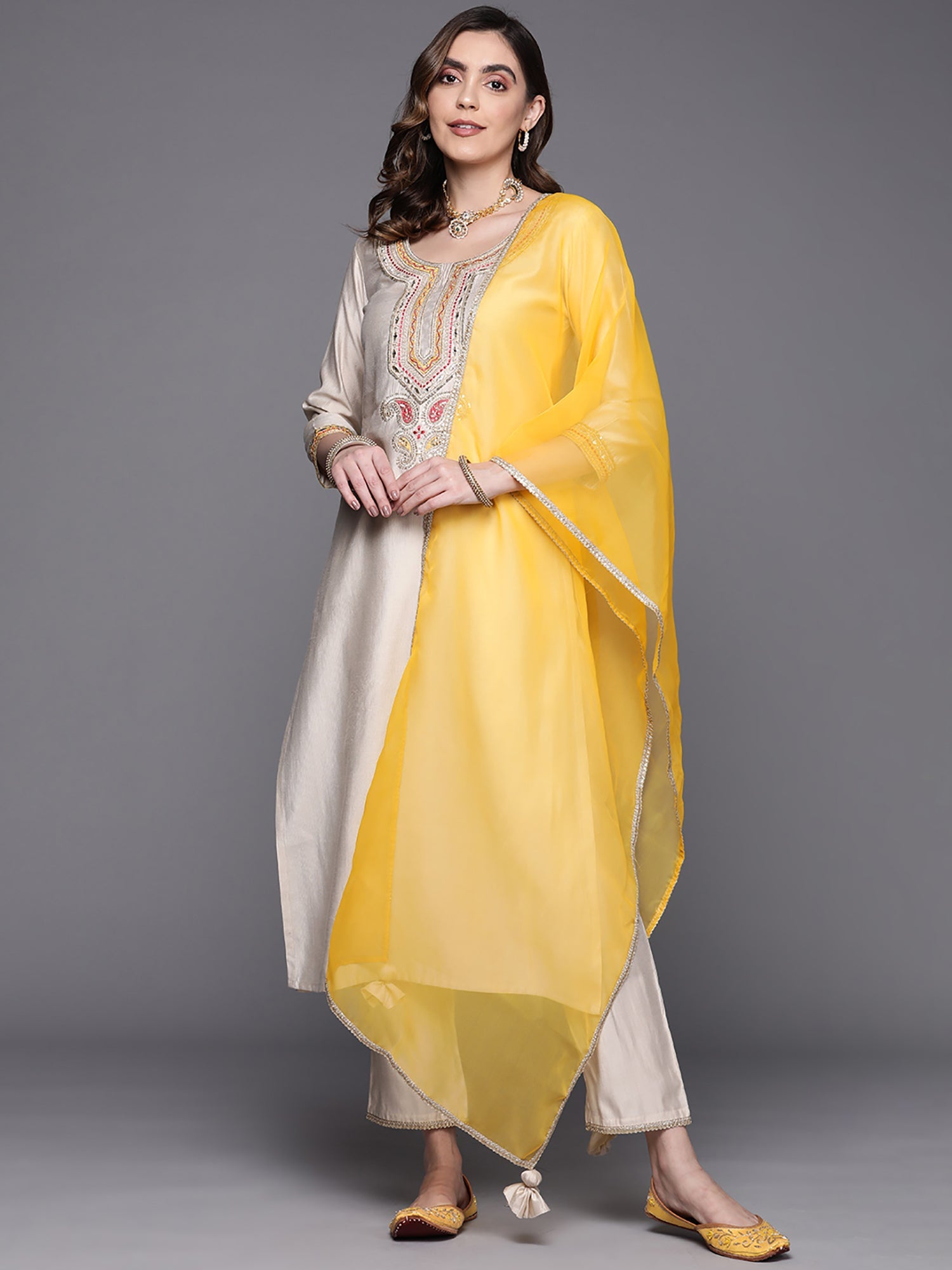 Indo Era Off White Embroidered Straight Kurta Trousers With Dupatta Set