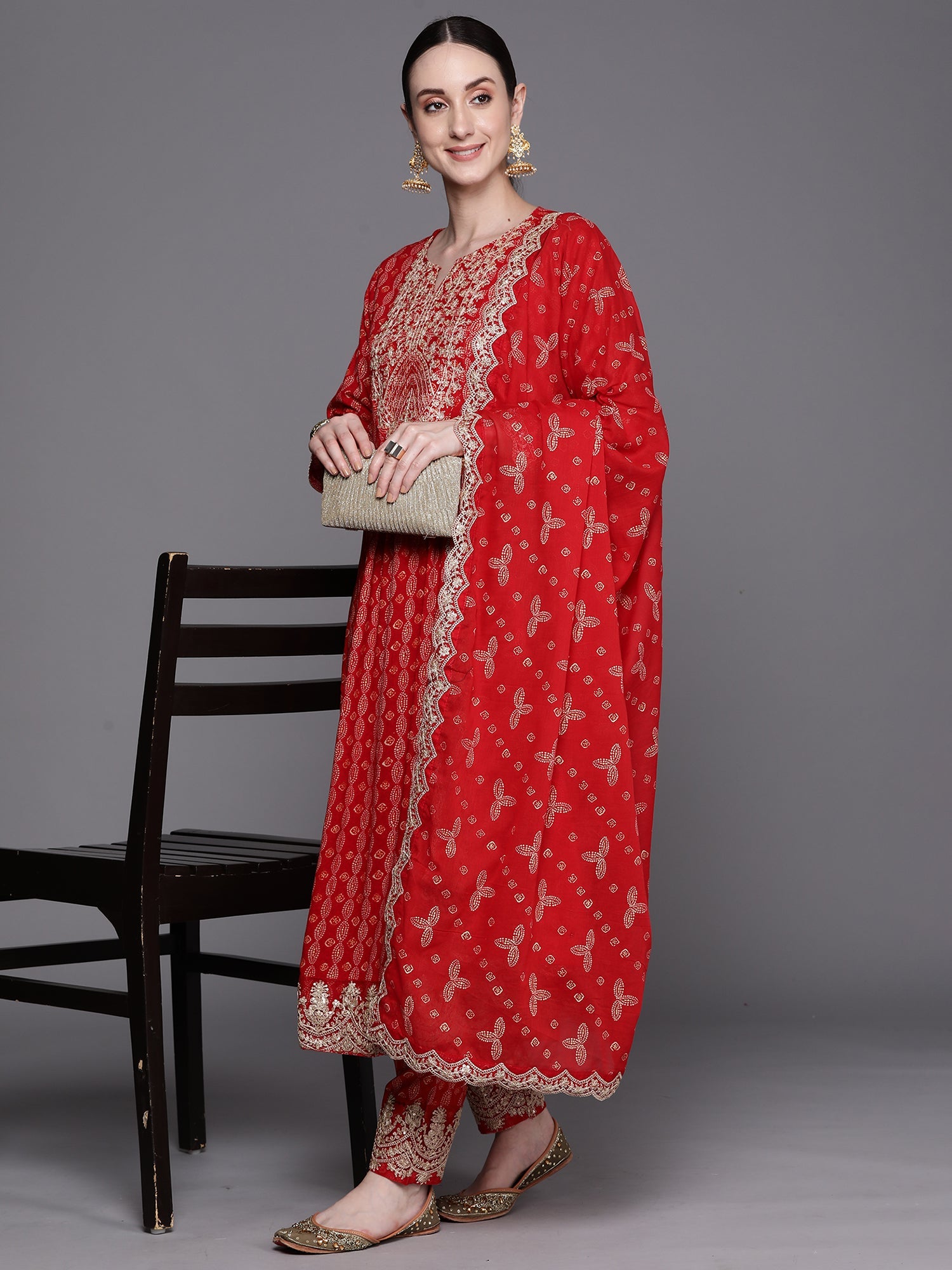 Indo Era Red Printed Straight Kurta Trousers With Dupatta Set