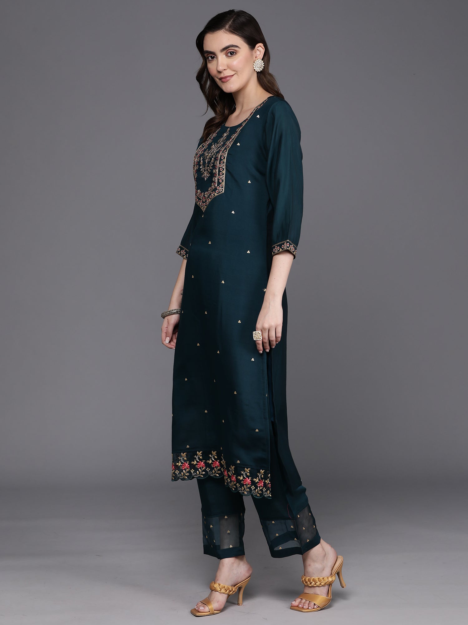 Indo Era Blue Embroidered Straight Kurta Trousers With Dupatta Set