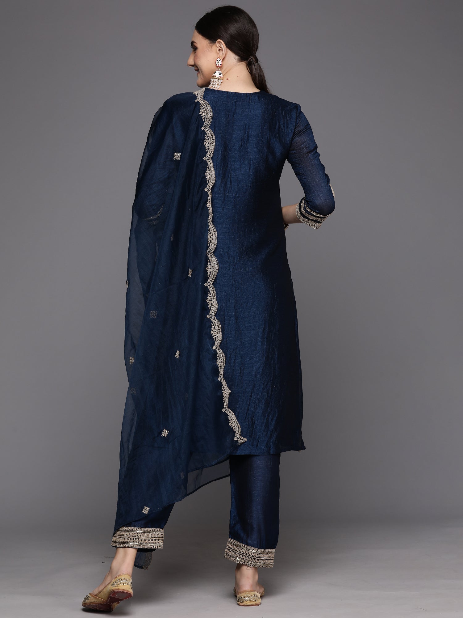 Indo Era Blue Embroidered Straight Kurta Trousers With Dupatta Set