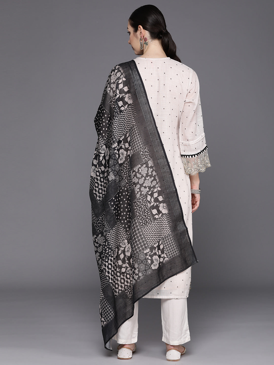 Indo Era Cream Embroidered Straight Kurta Trousers With Dupatta Set