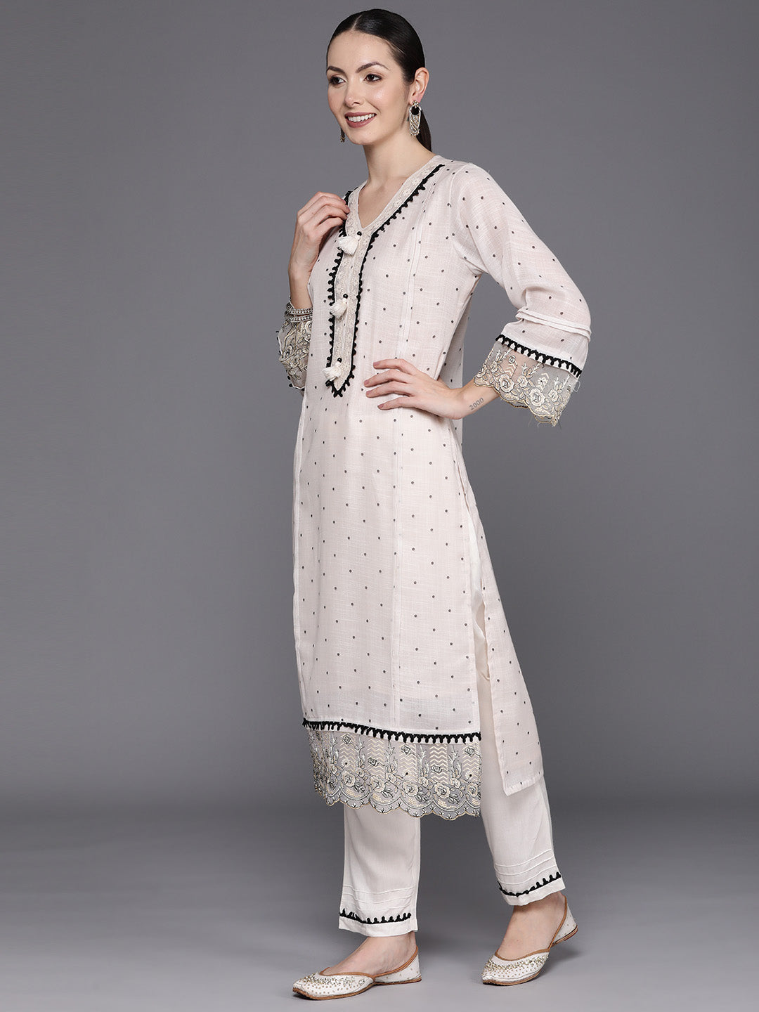 Indo Era Cream Embroidered Straight Kurta Trousers With Dupatta Set