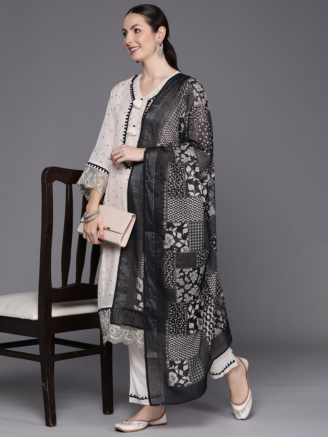 Indo Era Cream Embroidered Straight Kurta Trousers With Dupatta Set