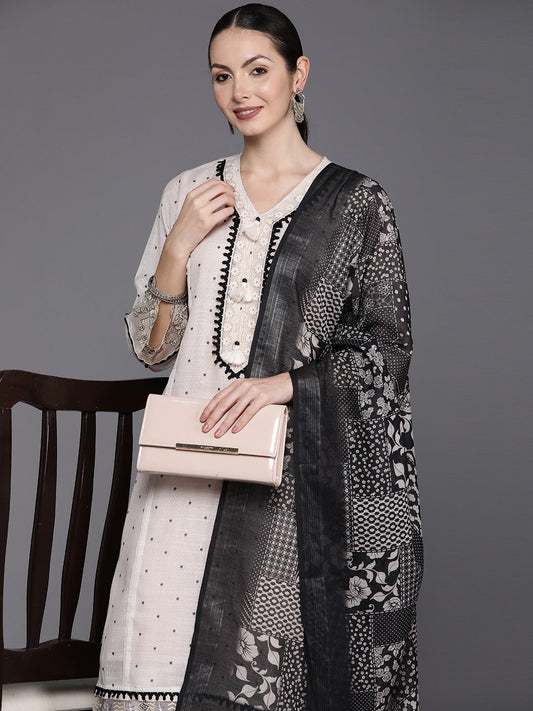 Indo Era Cream Embroidered Straight Kurta Trousers With Dupatta Set