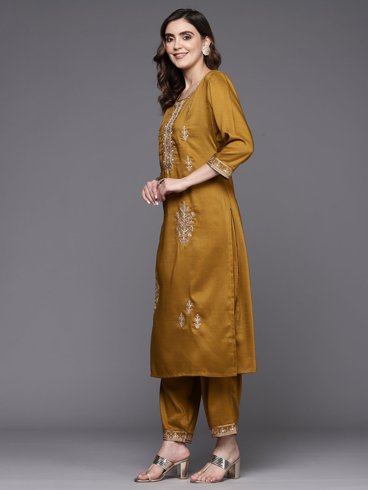 Indo Era Mustard Embroidered Straight Kurta Trousers With Dupatta Set