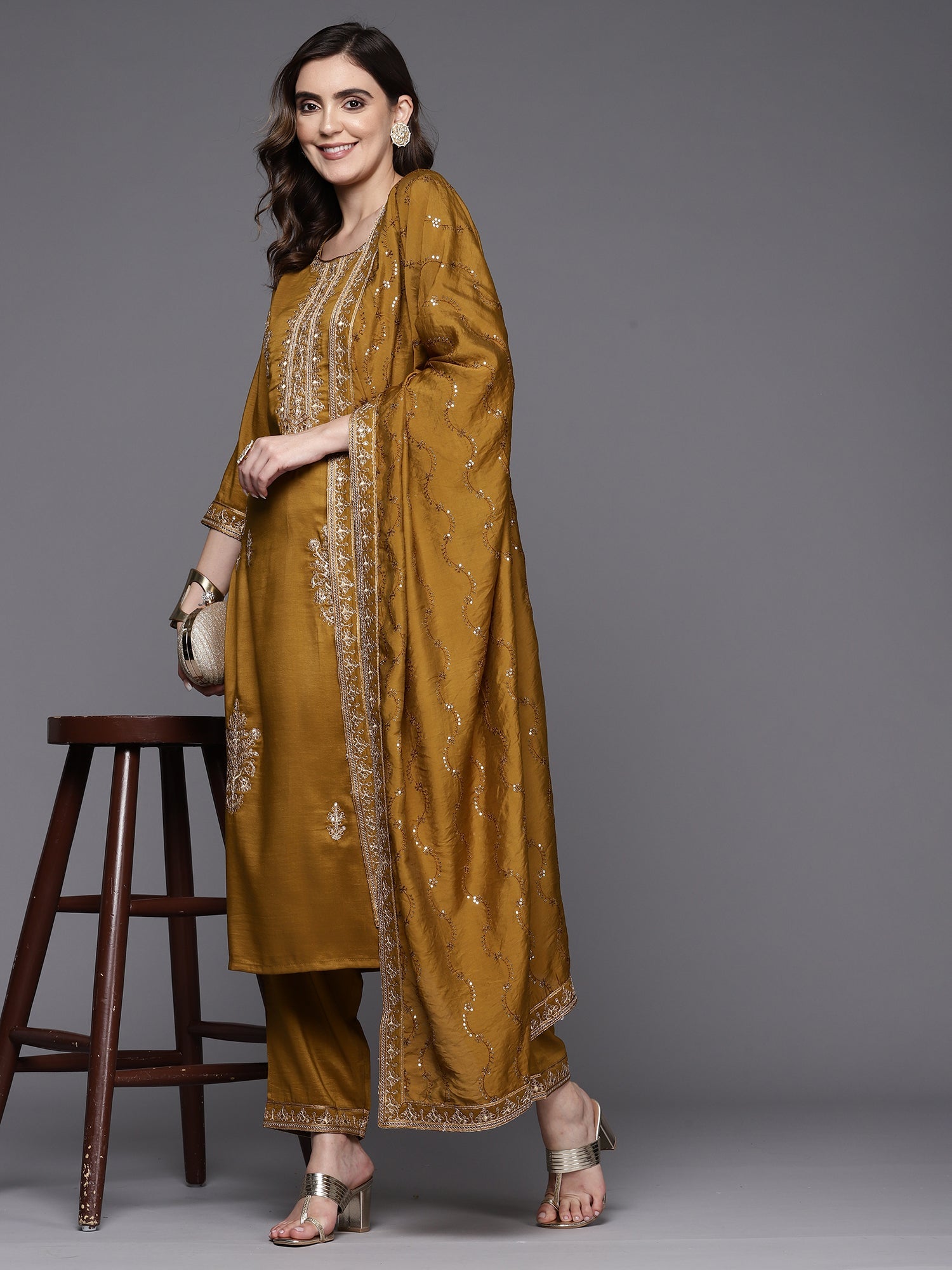 Indo Era Mustard Embroidered Straight Kurta Trousers With Dupatta Set
