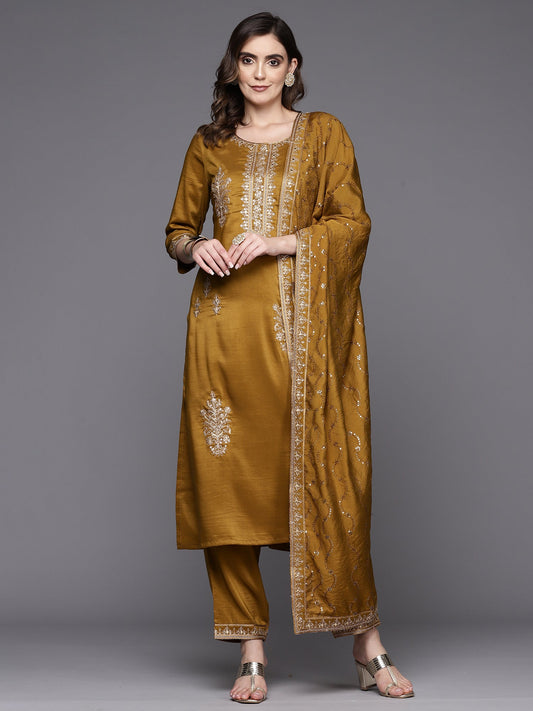 Indo Era Mustard Embroidered Straight Kurta Trousers With Dupatta Set