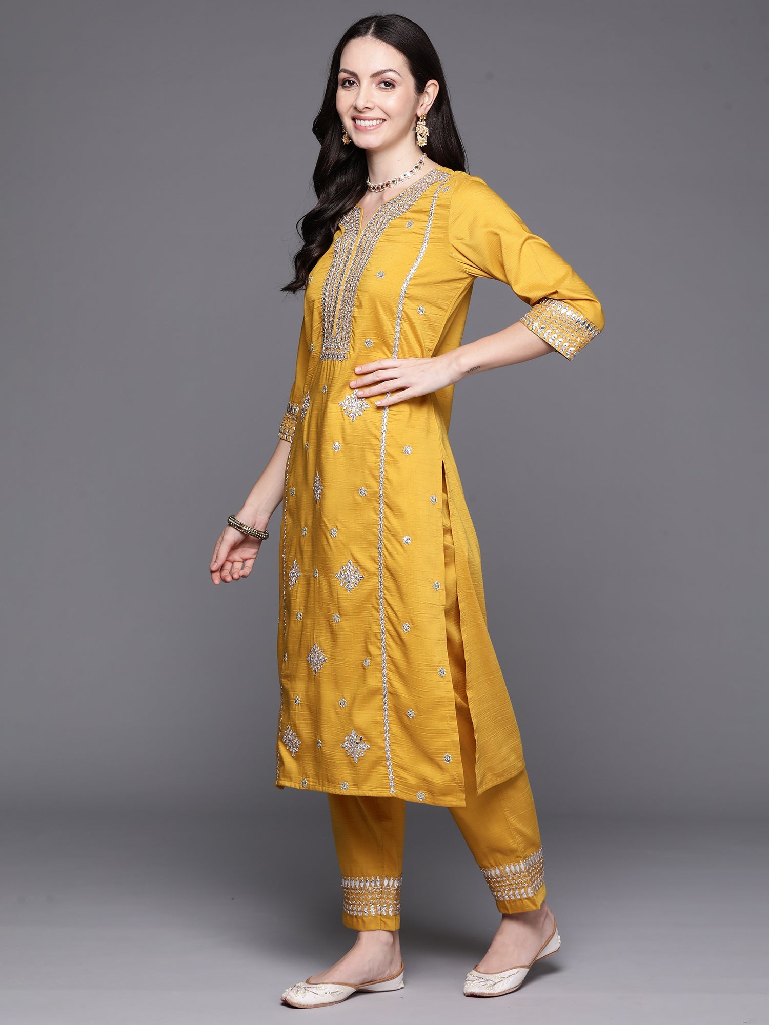 Indo Era Mustard Embroidered Straight Kurta Trousers With Dupatta Set
