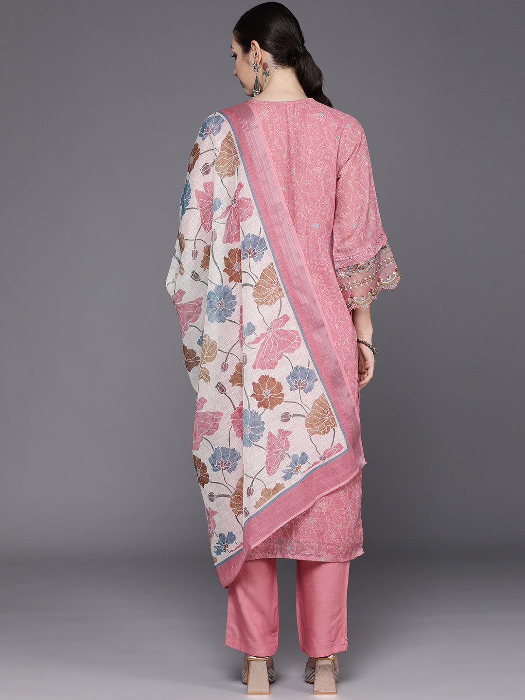 Indo Era Peach Embroidered Straight Kurta Trousers With Dupatta Set
