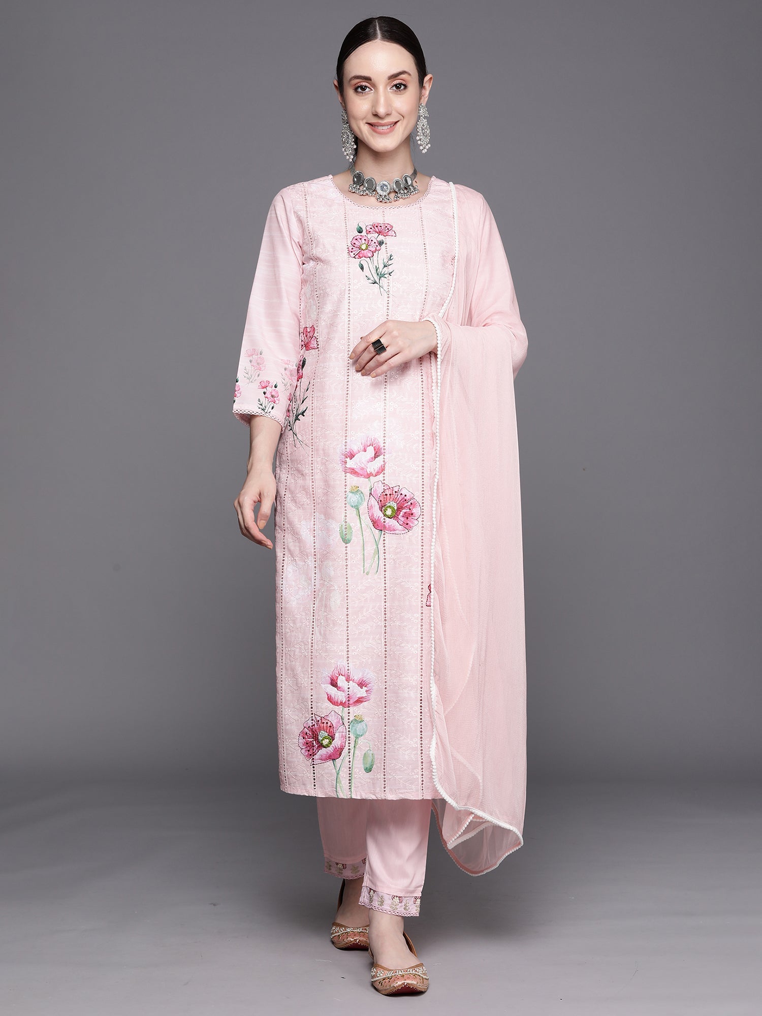 Indo Era Pink Embroidered Straight Kurta Trousers With Dupatta Set