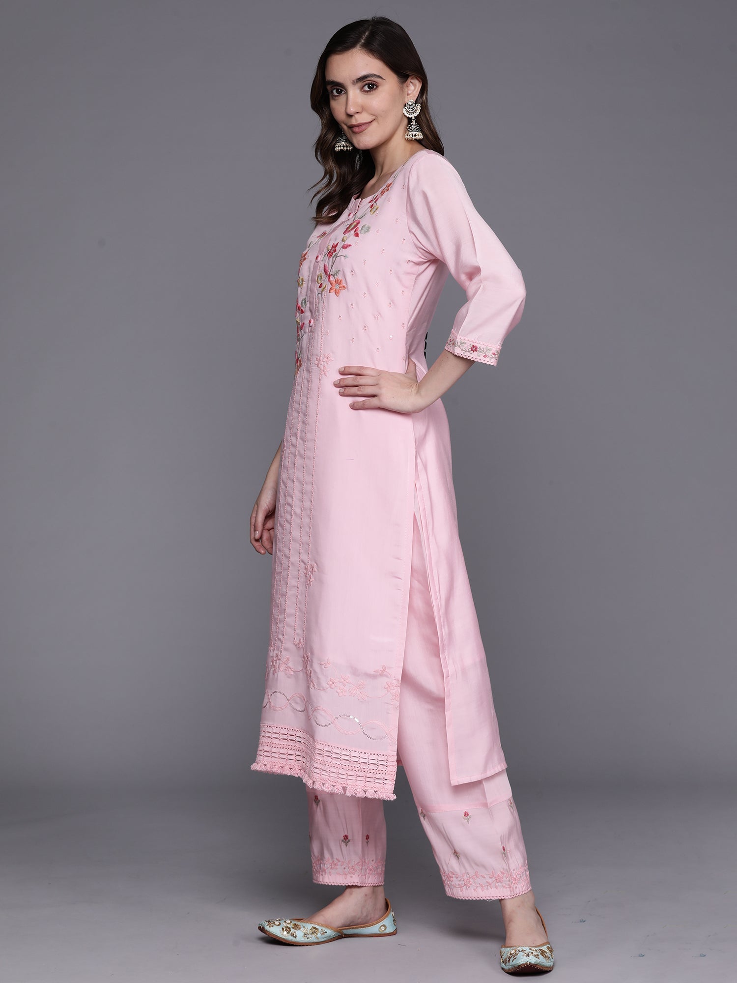 Indo Era Pink Embroidered Straight Kurta Trousers With Dupatta Set