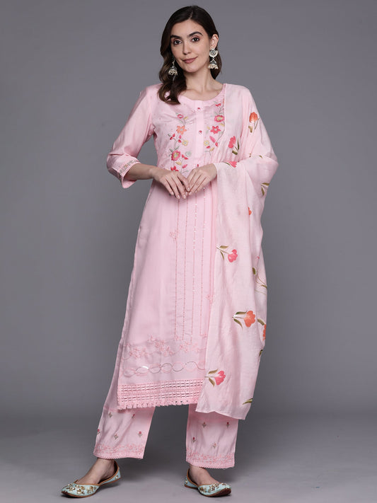Indo Era Pink Embroidered Straight Kurta Trousers With Dupatta Set
