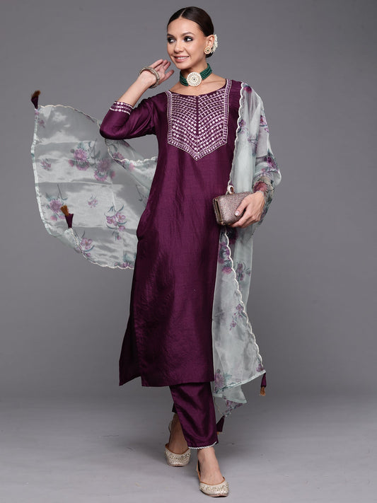 Women Purple Solid Straight Kurta Trouser With Dupatta Set - Taantav