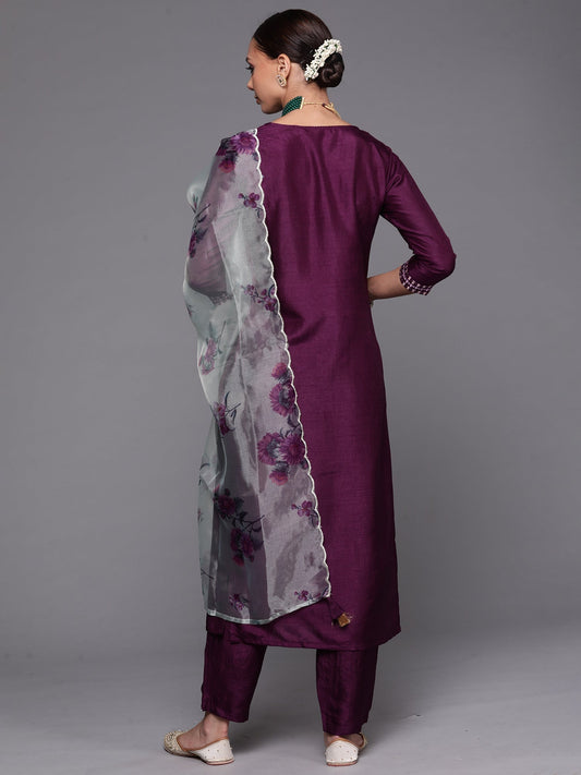 Women Purple Solid Straight Kurta Trouser With Dupatta Set - Taantav