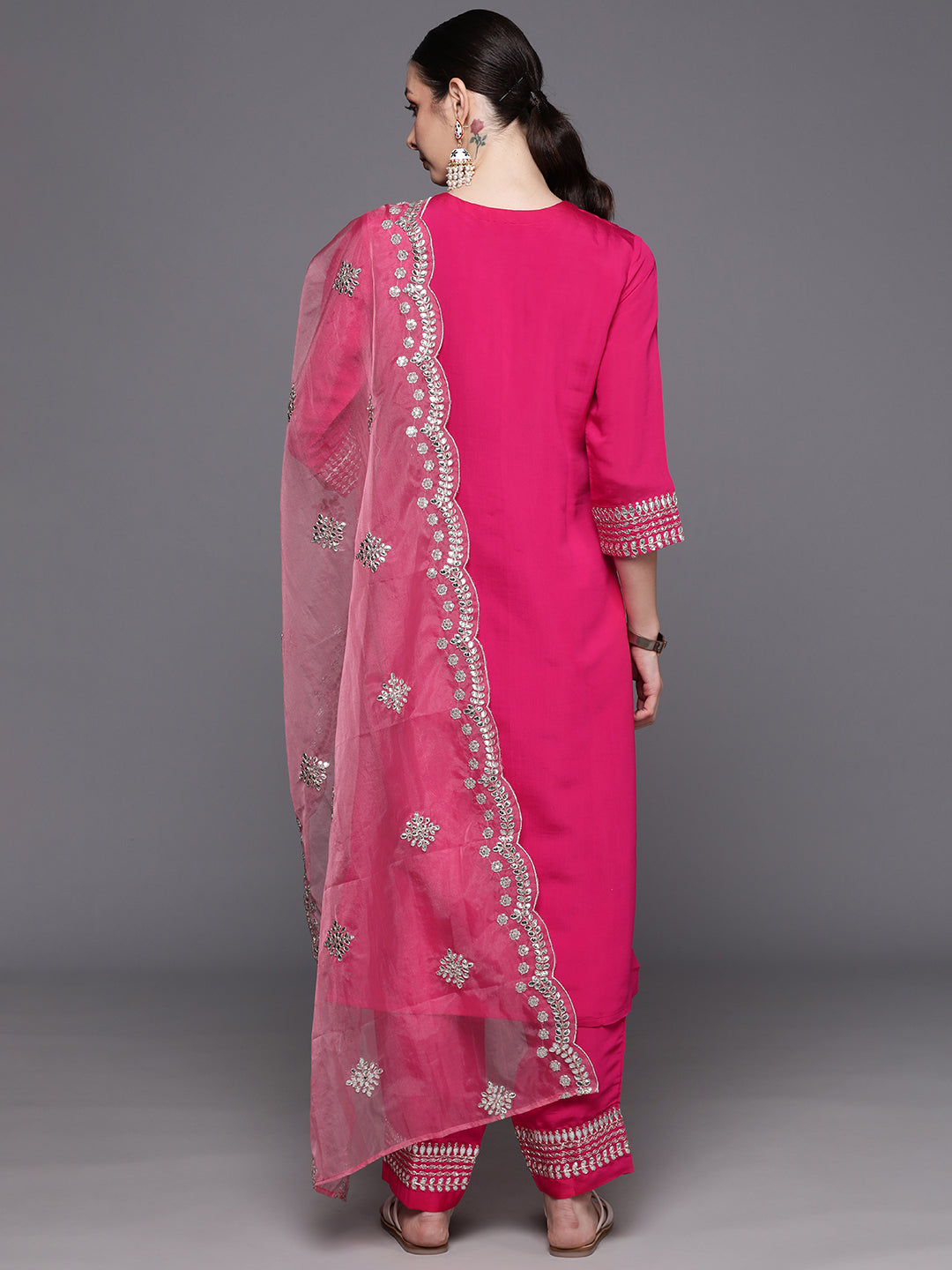 Indo Era Pink Embroidered Straight Kurta Trousers With Dupatta Set