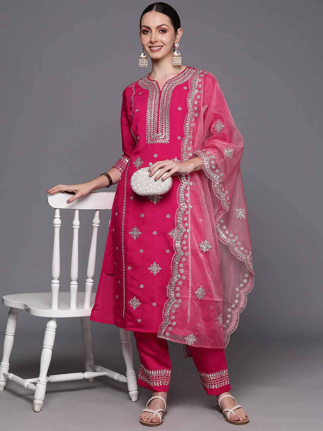 Indo Era Pink Embroidered Straight Kurta Trousers With Dupatta Set