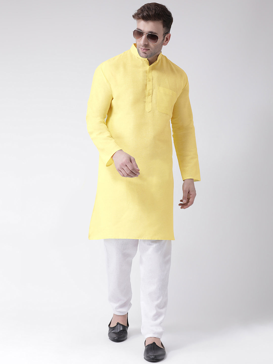 RIAG Men's Yellow Cotton Long Ethnic Kurta