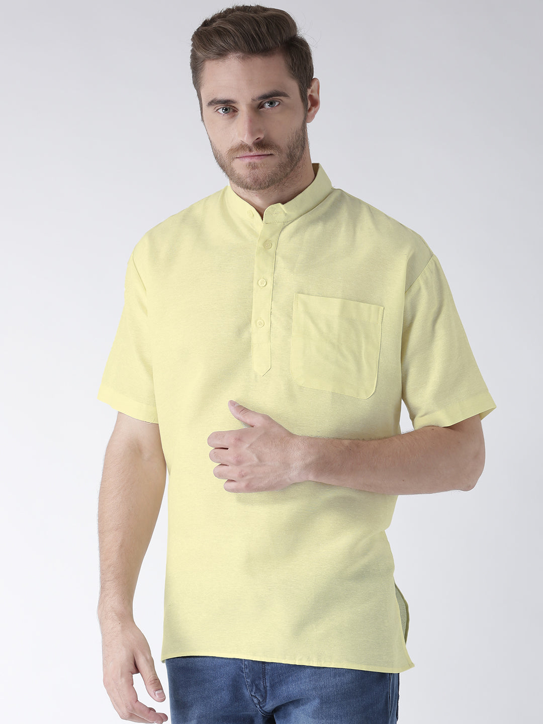 RIAG Men's Yellow Cotton Short Ethnic Kurta