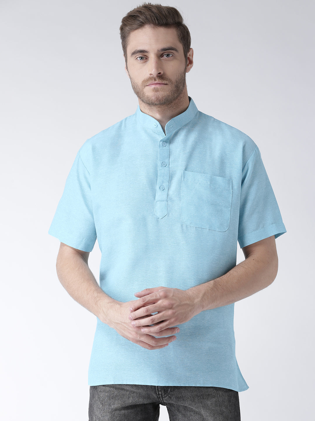 RIAG Men's Cotton Short Ethnic Kurta - Light Blue